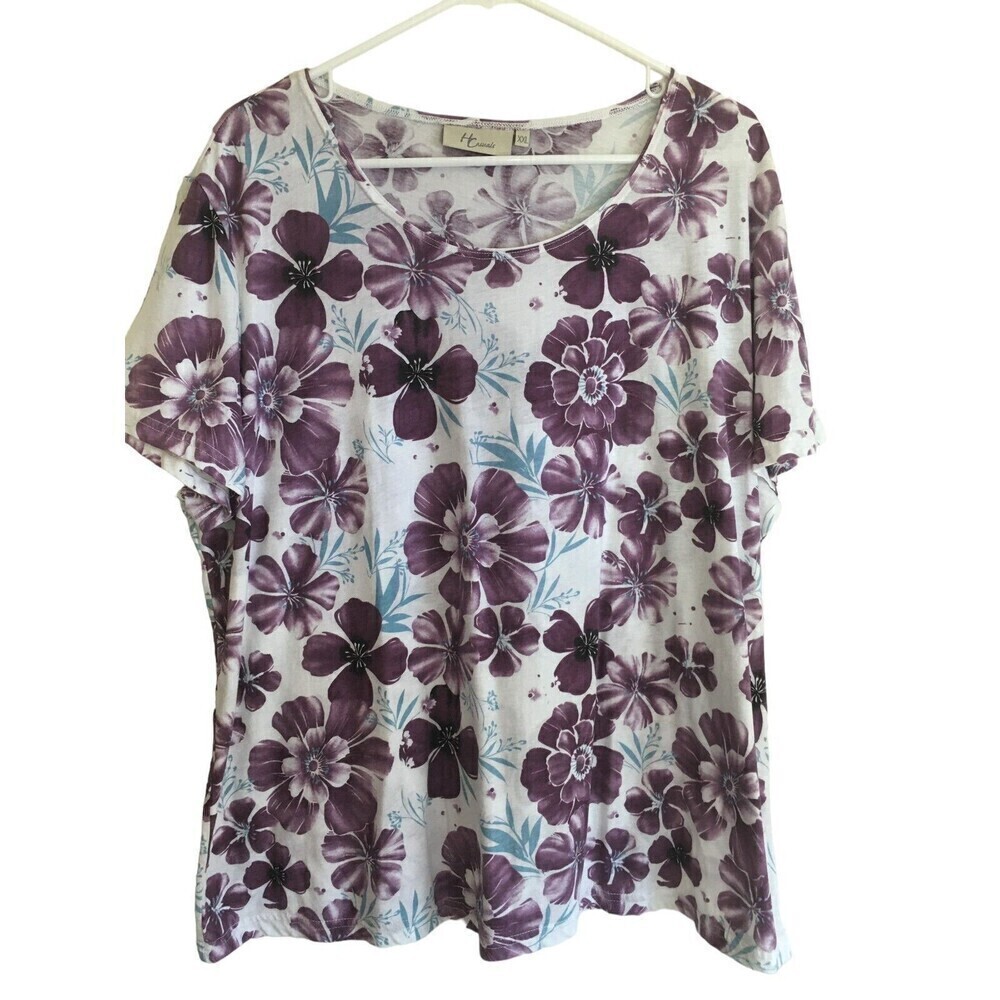 Hot Cotton XXL Top Purple Short Sleeve Floral Print Lagenlook Blue White